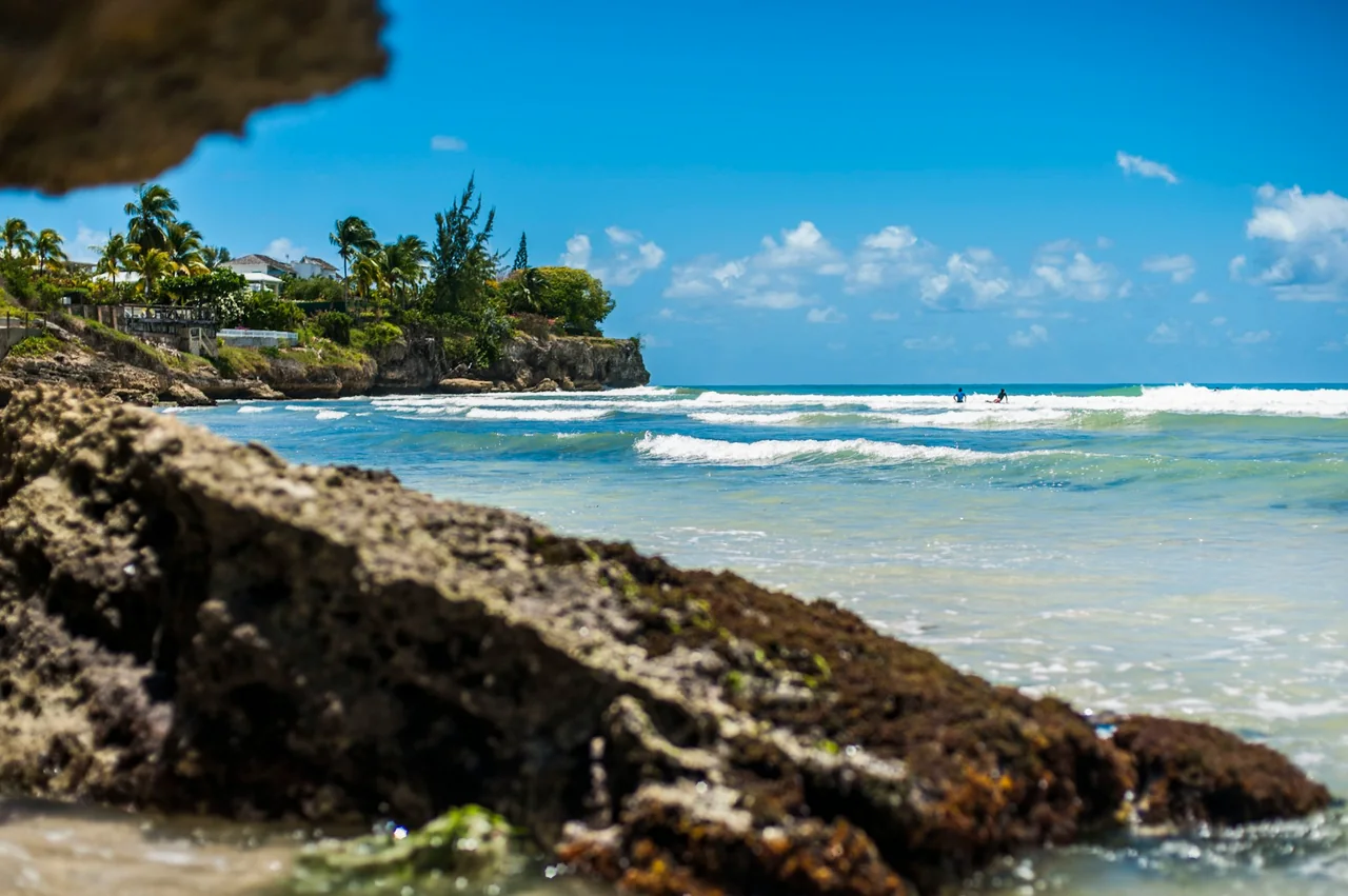 Rocks and breaking surf along the Barbados shoreline