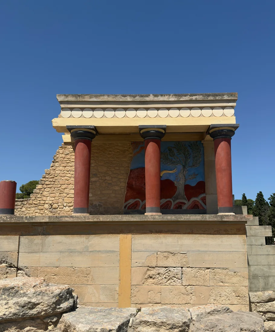 The reconstructed red columns of the Palace of Knossos near Heraklion