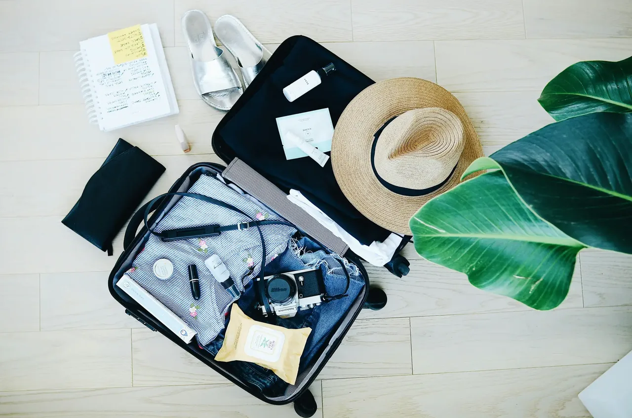 An open suitcase seen from above, packed with clothes, a sun hat and toiletries beside a palm leaf